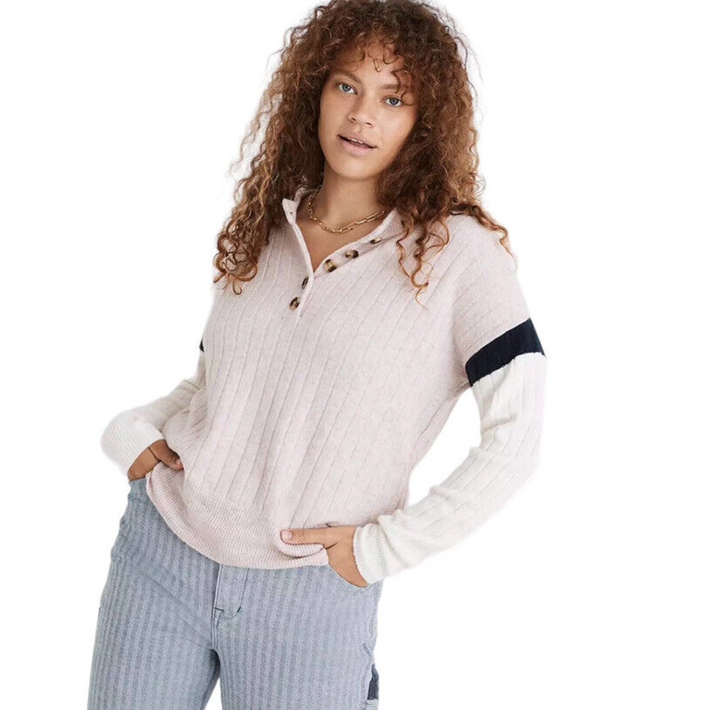 Madewell Striped Bowden Henley Sweater Coziest Yarn. Wool Alpaca Pink Size Large